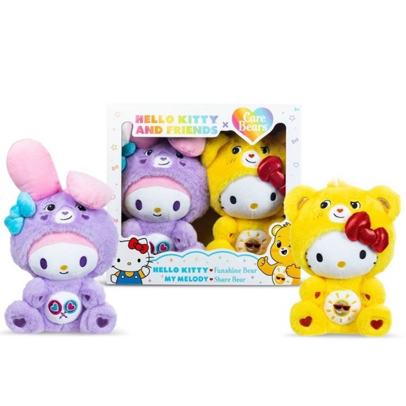 Care Bears x Hello Kitty Plush 2 Pack - Hello Kitty as Funshine Bear & My Melody - Picture 1 of 9